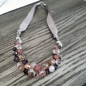 Ali Khan Faceted Glass Beaded Ribbon Necklace Pink Purple Opaline Beads